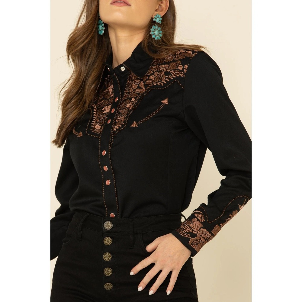 Scully Women's 2XL Floral Embroidered Western Black Shirt - PL-654